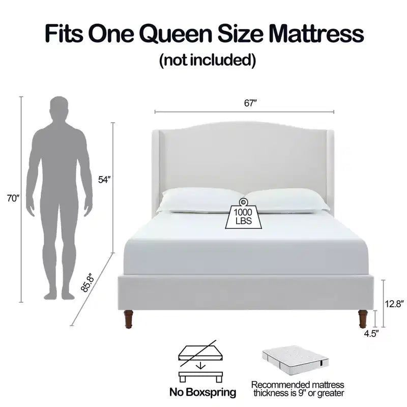 Letto a piattaforma imbottito Queen Size con testiera ad ali – ciniglia premium, design minimalista, crema