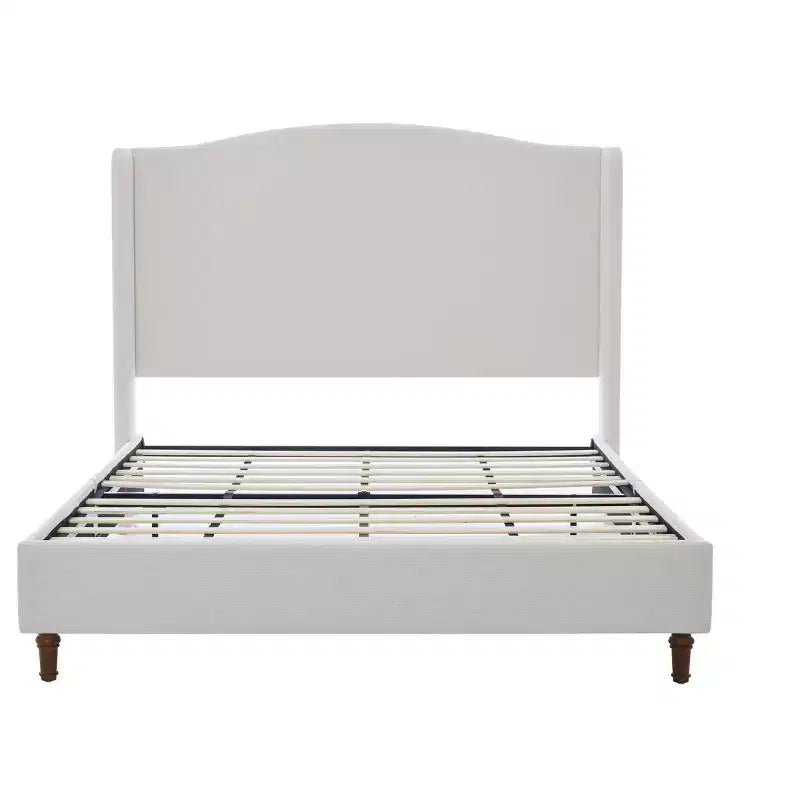Letto a piattaforma imbottito Queen Size con testiera ad ali – ciniglia premium, design minimalista, crema