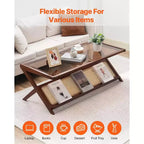 Tavolino da Caffè in Rattan Intrecciato a Z con Piano in Vetro Temperato – 120 cm Stile Boho Moderno e Contenitivo