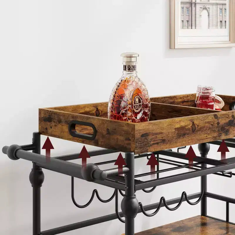 Carrello Bar a 3 Livelli con Portabottiglie, Portabicchieri e Vassoio Rimovibile – Carrello Servizio in Metallo