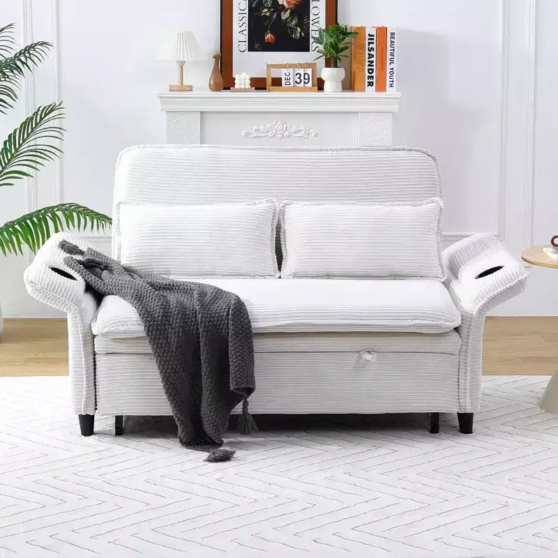Divanetto Letto Multifunzione - Tessuto a Righe Beige, Braccioli Regolabili e Letto Estraibile
