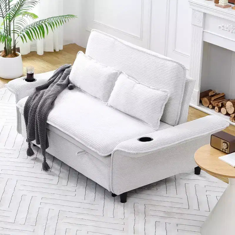 Divanetto Letto Multifunzione - Tessuto a Righe Beige, Braccioli Regolabili e Letto Estraibile