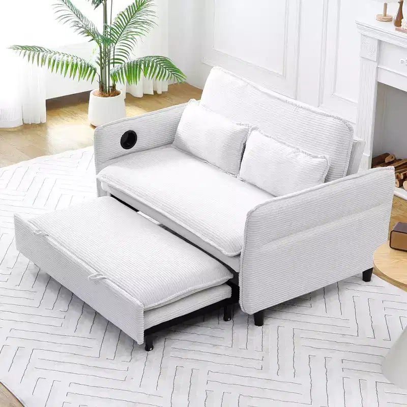 Divanetto Letto Multifunzione - Tessuto a Righe Beige, Braccioli Regolabili e Letto Estraibile