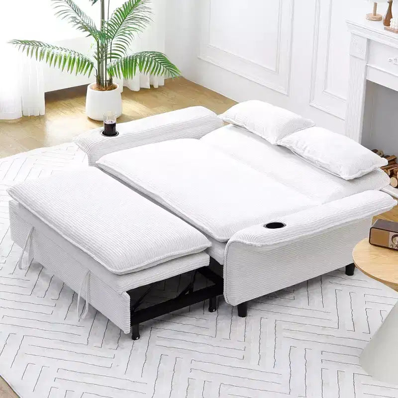 Divanetto Letto Multifunzione - Tessuto a Righe Beige, Braccioli Regolabili e Letto Estraibile