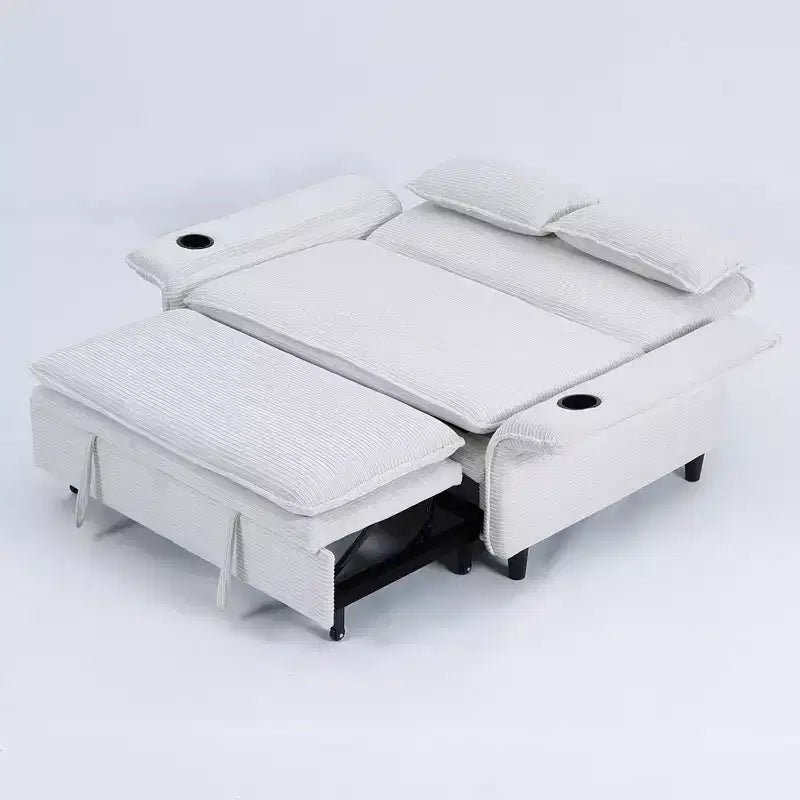 Divanetto Letto Multifunzione - Tessuto a Righe Beige, Braccioli Regolabili e Letto Estraibile