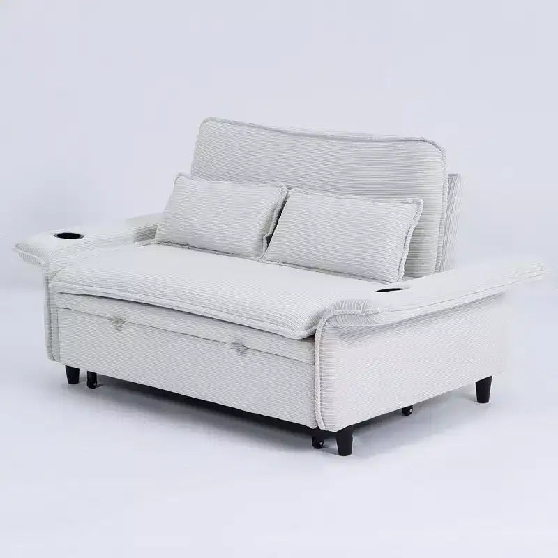Divanetto Letto Multifunzione - Tessuto a Righe Beige, Braccioli Regolabili e Letto Estraibile