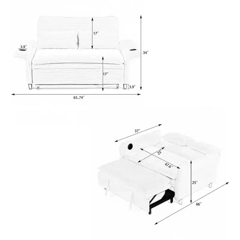 Divanetto Letto Multifunzione - Tessuto a Righe Beige, Braccioli Regolabili e Letto Estraibile