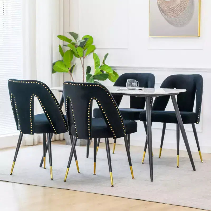 MAYEERTY Modern Contemporary Velvet Dining Chair - Nailheads, Gold-Tipped Black Metal Legs