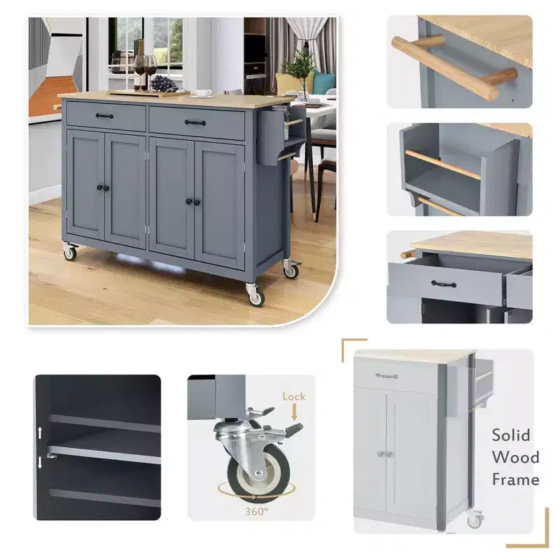 Isola da Cucina con Piano in Legno e Ruote Bloccabili – Carrello Contenitore su Ruote con Scaffali
