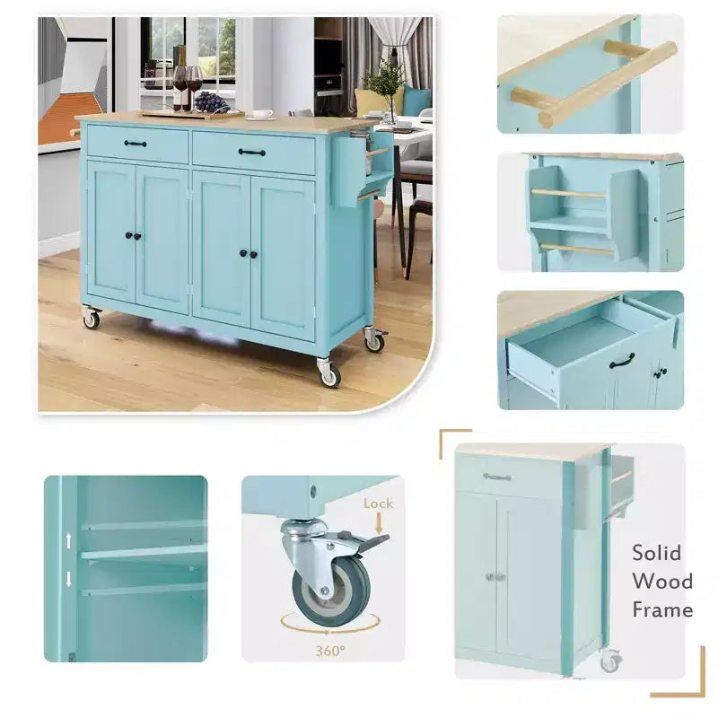 Isola da Cucina con Piano in Legno e Ruote Bloccabili – Carrello Contenitore su Ruote con Scaffali