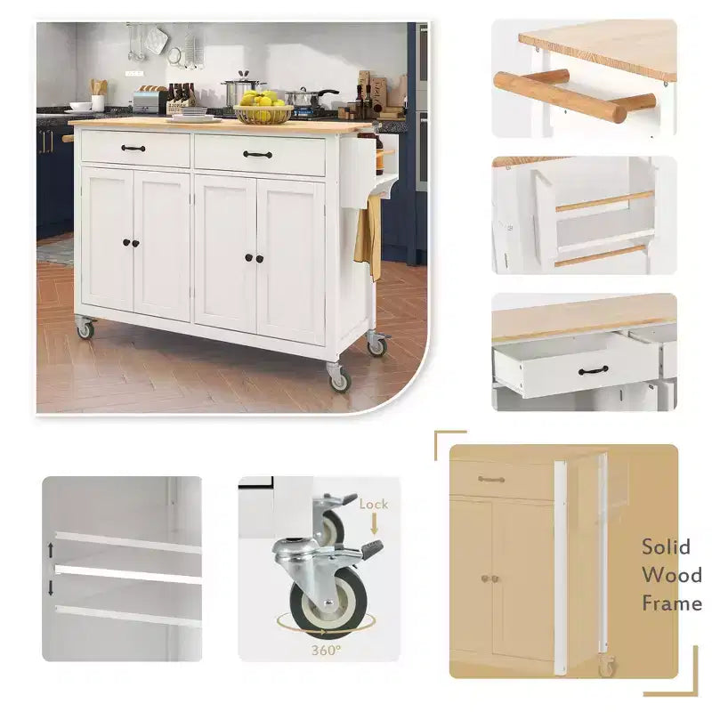 Isola da Cucina con Piano in Legno e Ruote Bloccabili – Carrello Contenitore su Ruote con Scaffali