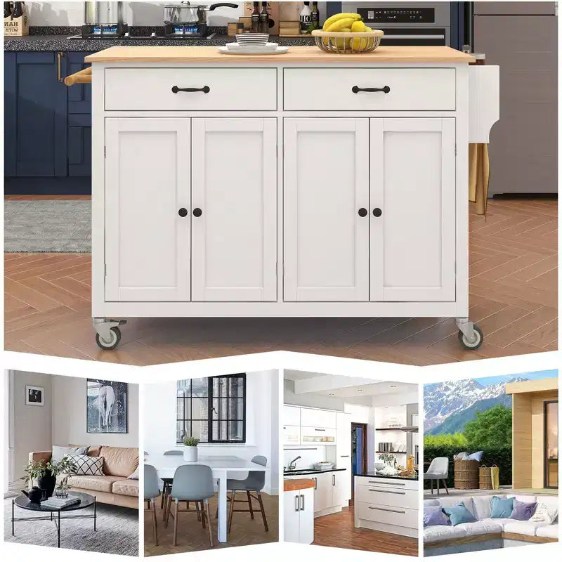 Isola da Cucina con Piano in Legno e Ruote Bloccabili – Carrello Contenitore su Ruote con Scaffali