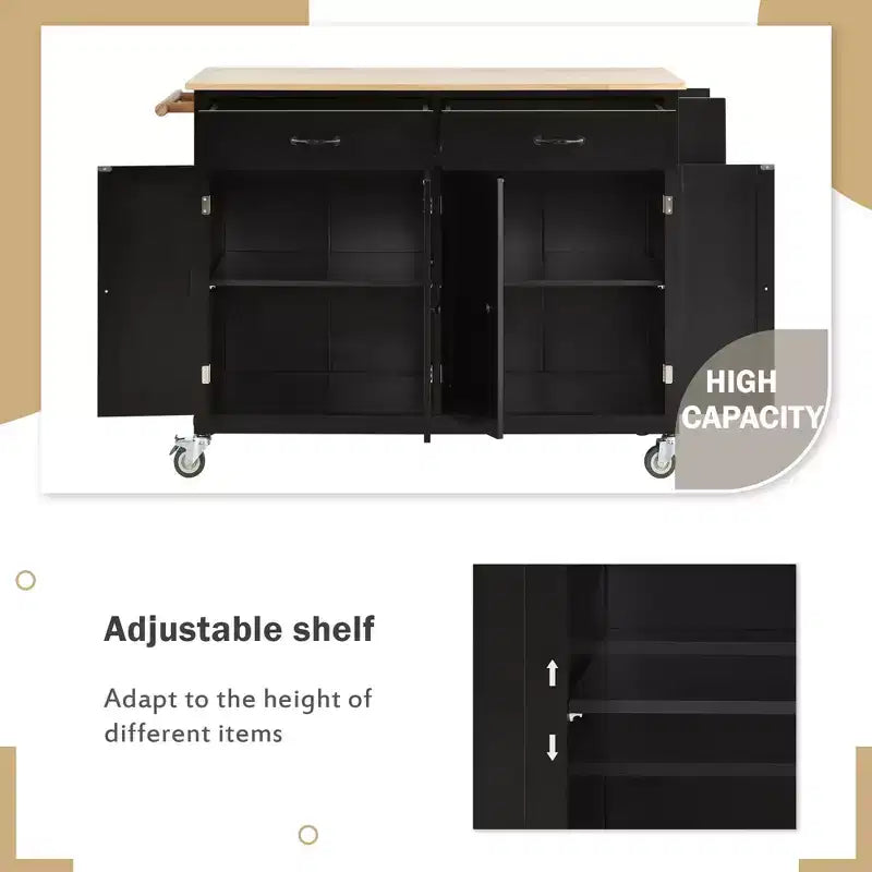 Isola da Cucina con Piano in Legno e Ruote Bloccabili – Carrello Contenitore su Ruote con Scaffali