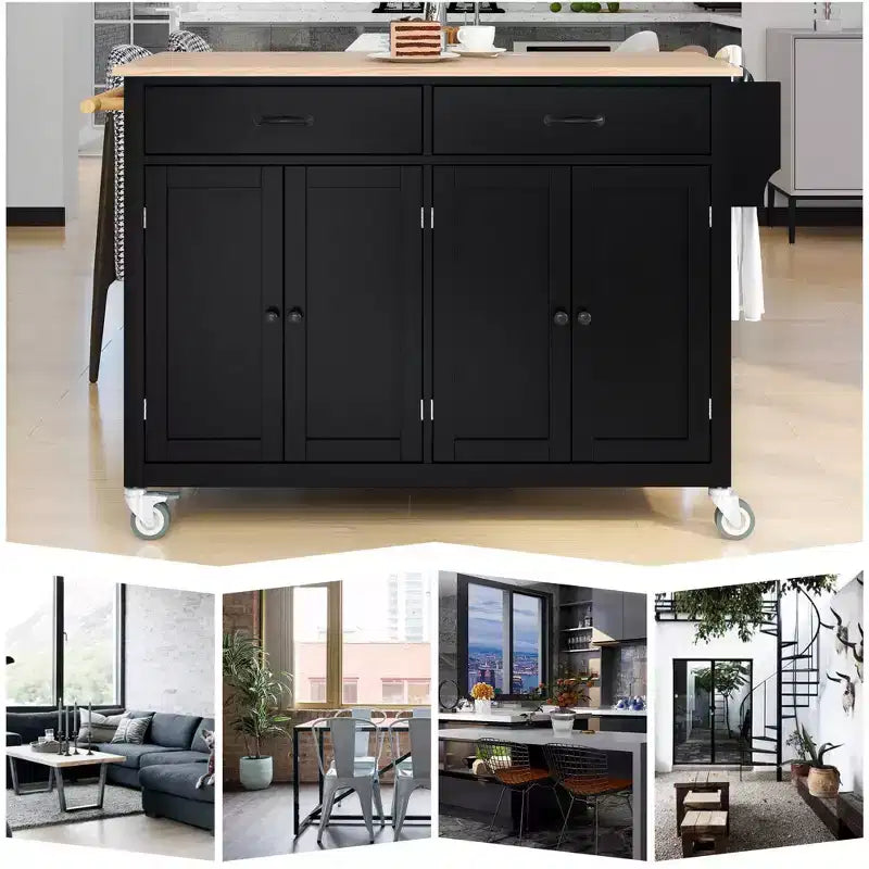 Isola da Cucina con Piano in Legno e Ruote Bloccabili – Carrello Contenitore su Ruote con Scaffali