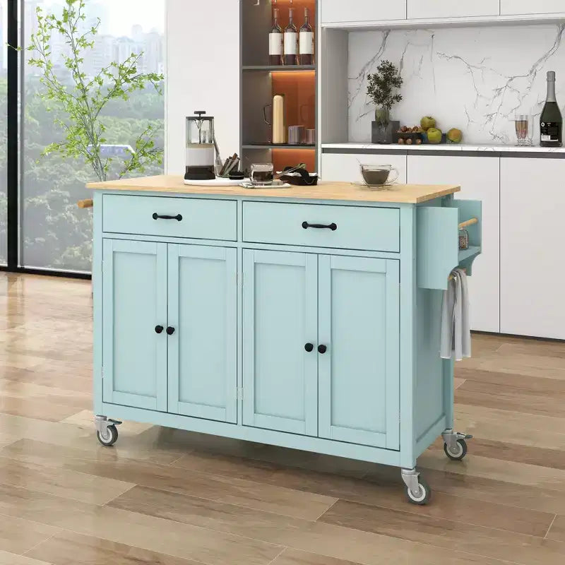Isola da Cucina con Piano in Legno e Ruote Bloccabili – Carrello Contenitore su Ruote con Scaffali