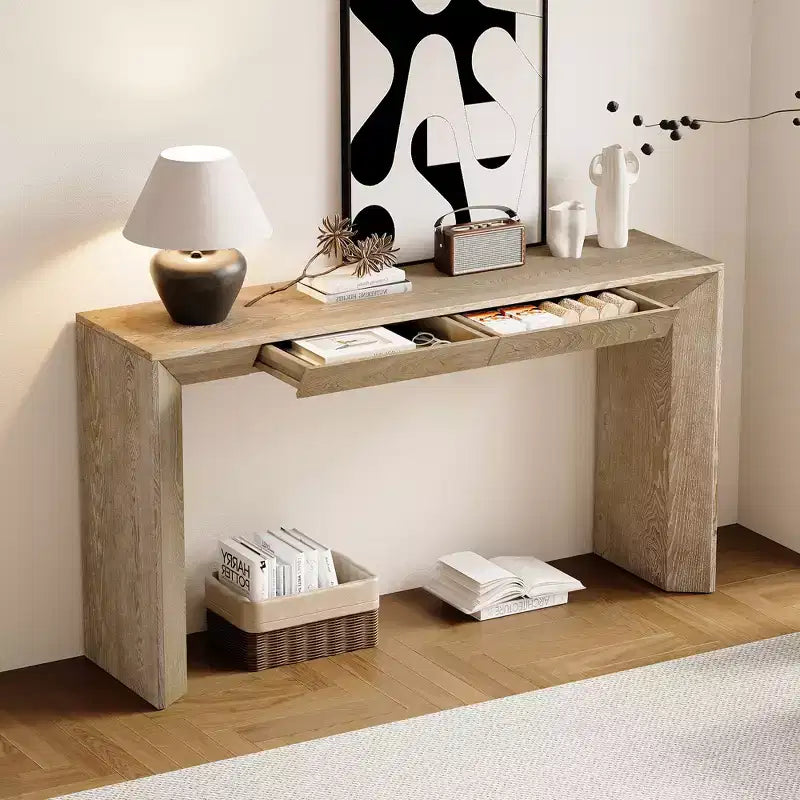 Consolle in legno con cassetti – Tavolo da ingresso/divano con contenitore, finitura naturale