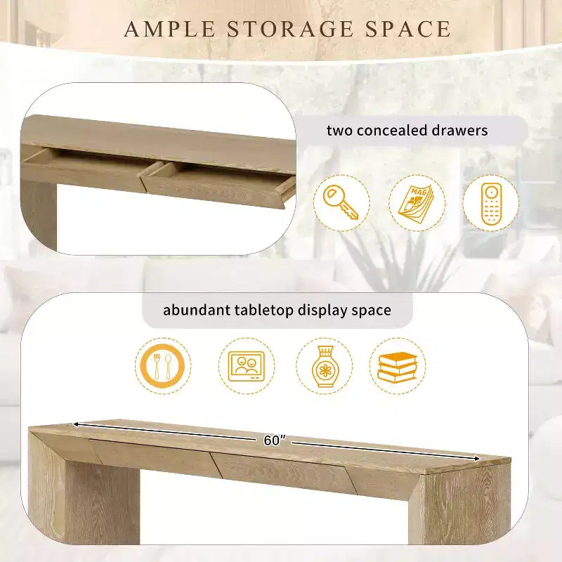 Consolle in legno con cassetti – Tavolo da ingresso/divano con contenitore, finitura naturale