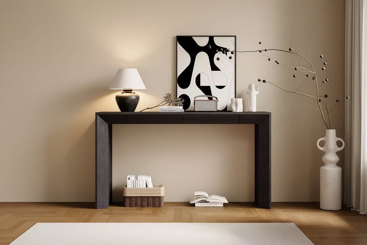 Consolle in legno con cassetti – Tavolo da ingresso/divano con contenitore, finitura naturale