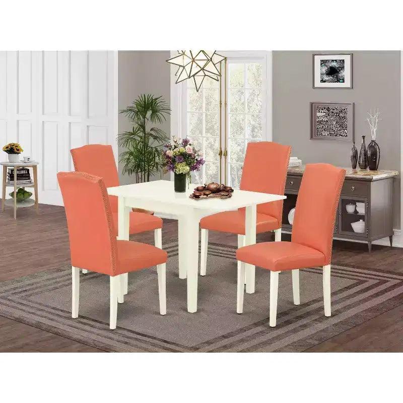 Set da Pranzo 5 Pezzi in Legno Massello Finitura Bianco Lino – Tavolo Rotondo e 4 Sedie, Posti a Sedere per 4