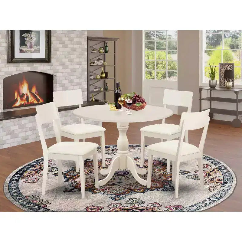 HomeStock Set pranzo 5 pezzi in legno massello con top in lino bianco, tavolo con 4 sedie con schienale a traliccio e piano ribaltabile