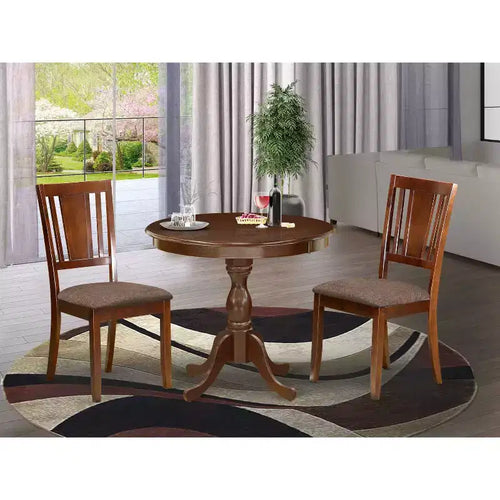 Set da pranzo rotondo a 3 pezzi in legno massello con finitura in mogano - 4 posti a sedere