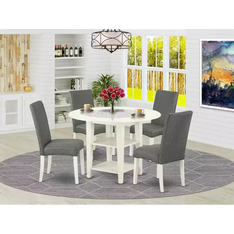 Set da pranzo rotondo in legno massello con finitura bianca lino a 5 pezzi – 4 posti a sedere