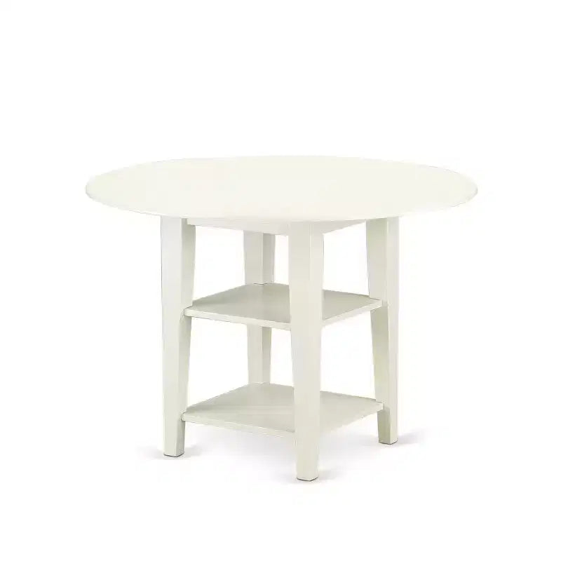 Set da pranzo rotondo in legno massello con finitura bianca lino a 5 pezzi – 4 posti a sedere
