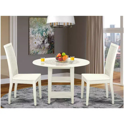 Set Tavolo da Pranzo Rotondo in Legno Massello Finitura Bianco Lino – 3 Pezzi – 2 Posti