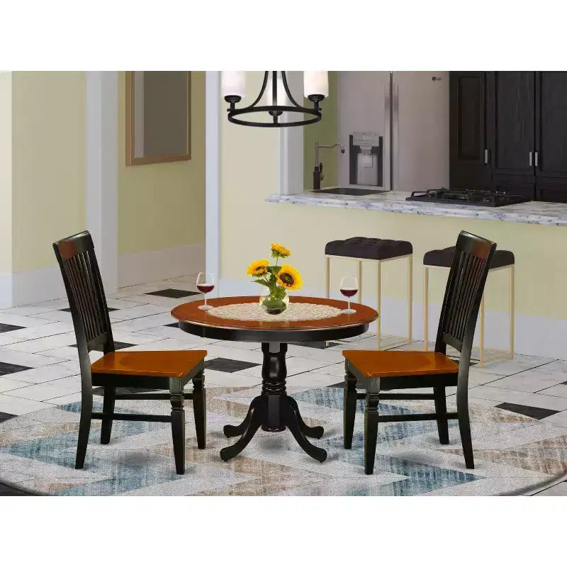 Set da pranzo in 3 pezzi con piano in legno massello finitura nera e ciliegio - 4 posti a sedere