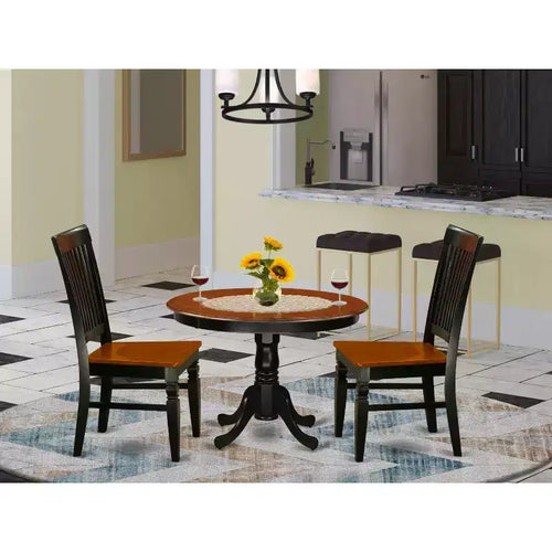 Set da pranzo in 3 pezzi con piano in legno massello finitura nera e ciliegio - 4 posti a sedere