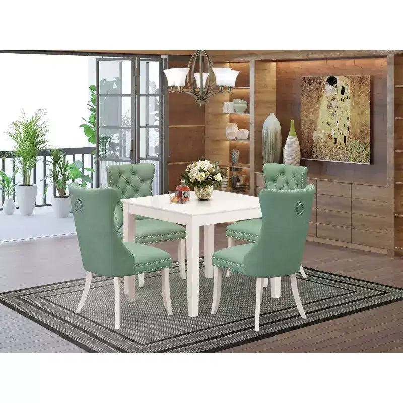 Set da 5 pezzi per sala da pranzo con tavolo quadrato imbottito in lino bianco – 4 posti