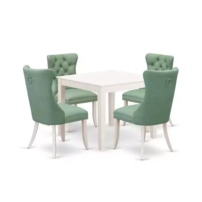 Set da 5 pezzi per sala da pranzo con tavolo quadrato imbottito in lino bianco – 4 posti