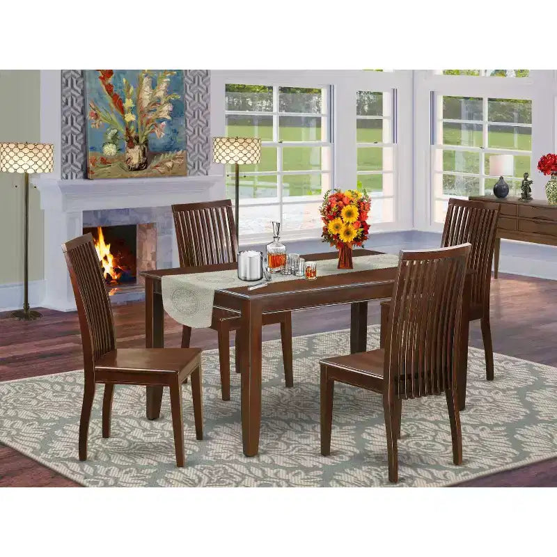 Set Sala da Pranzo Rotondo in Legno Massello con Finitura Mogano, 5 Pezzi – 4 Posti