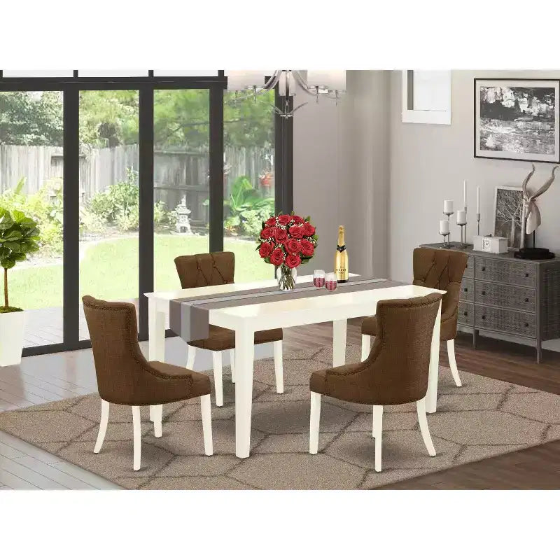 Set da pranzo in legno massello rettangolare a 5 pezzi, finitura bianco lino – 4 posti a sedere