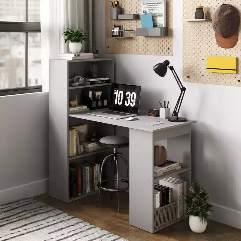 Scrivania per Computer con Scaffali portaoggetti a 6 Livelli – Postazione di Lavoro da Ufficio Domestico con Libreria