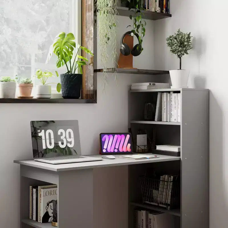 Scrivania per Computer con Scaffali portaoggetti a 6 Livelli – Postazione di Lavoro da Ufficio Domestico con Libreria
