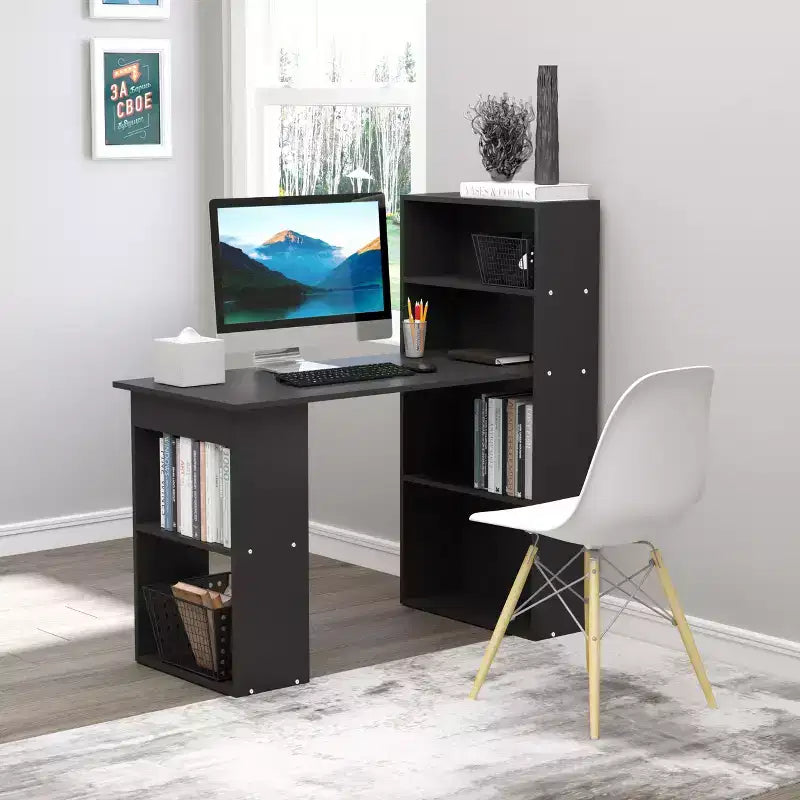 Scrivania per Computer con Scaffali portaoggetti a 6 Livelli – Postazione di Lavoro da Ufficio Domestico con Libreria