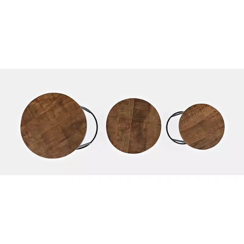 Tavolini impilabili rotondi in legno massello rustico e metallo – Set di 2 tavolini da salotto