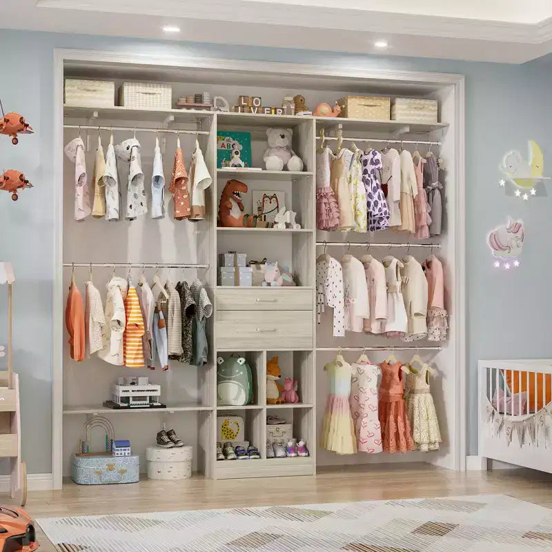 Sistema Organizer per armadio da 2,4 metri con cassetti in legno, scomparti e 5 aste appendiabiti – Armadio bianco