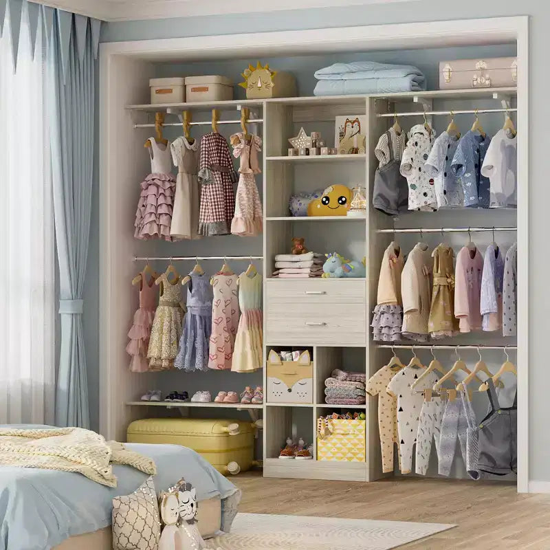 Sistema Organizer per armadio da 2,4 metri con cassetti in legno, scomparti e 5 aste appendiabiti – Armadio bianco