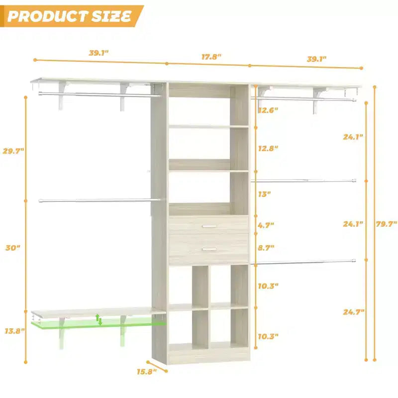 Sistema Organizer per armadio da 2,4 metri con cassetti in legno, scomparti e 5 aste appendiabiti – Armadio bianco