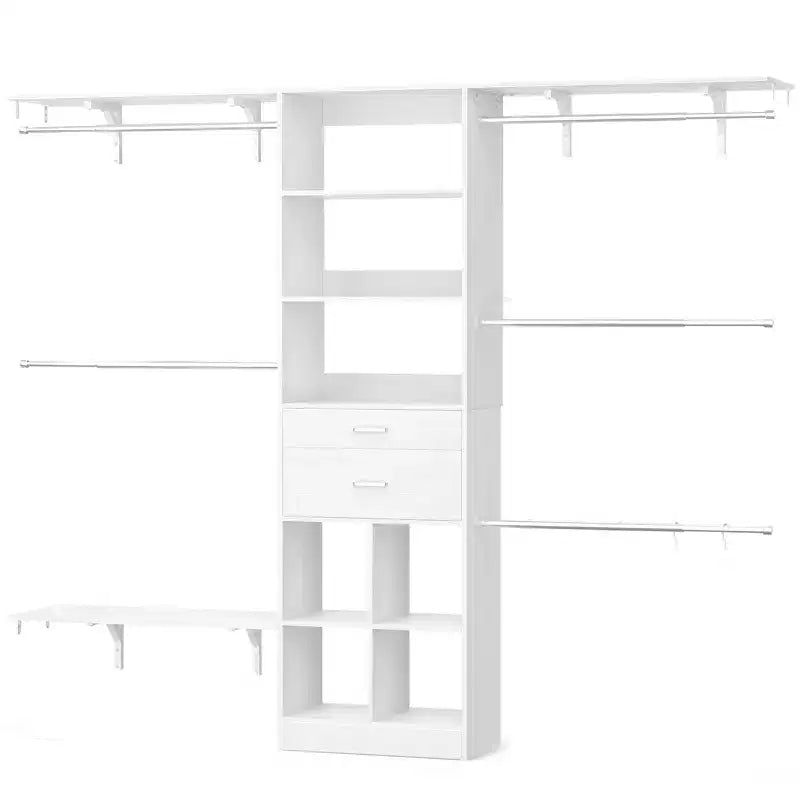 Sistema Organizer per armadio da 2,4 metri con cassetti in legno, scomparti e 5 aste appendiabiti – Armadio bianco