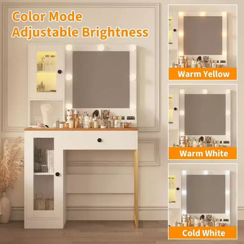 Toeletta da trucco con specchio, prese AC e porte USB integrate, cassetti e vano contenitore