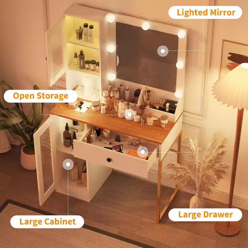 Toeletta da trucco con specchio, prese AC e porte USB integrate, cassetti e vano contenitore