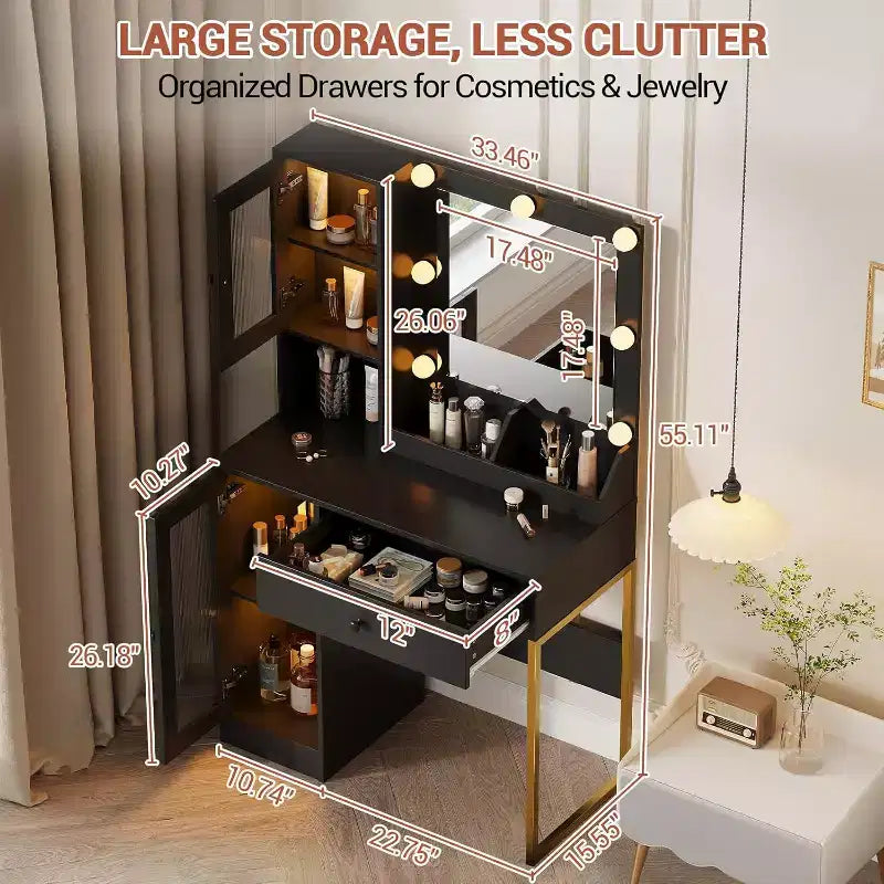 Toeletta da trucco con specchio, prese AC e porte USB integrate, cassetti e vano contenitore