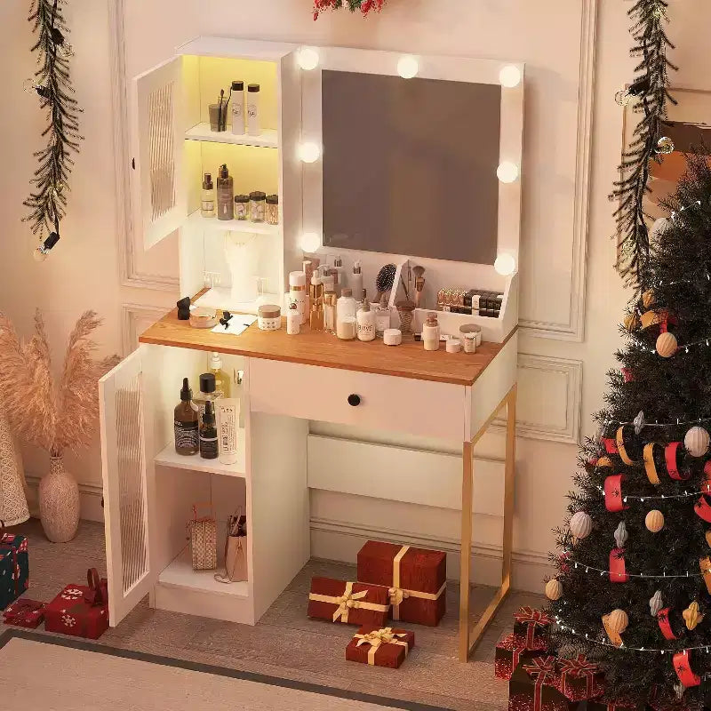 Toeletta da trucco con specchio, prese AC e porte USB integrate, cassetti e vano contenitore