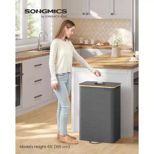 26 Gallon Recycling Bin, Bottle Recycling Container with Inner Bag & Collection Hole, Foldable Design, Slate Gray & Beige