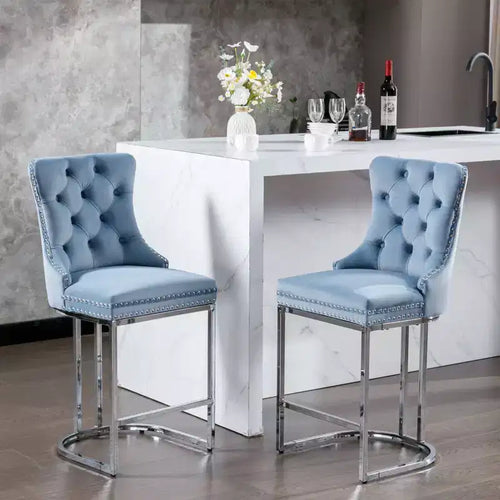 Okak 26 Inch Counter Stools Set of 2, Modern Velvet Barstools with Button Back&Rivet Trim, Farmhouse Kitchen Island Chairs with Chromed Metal Base