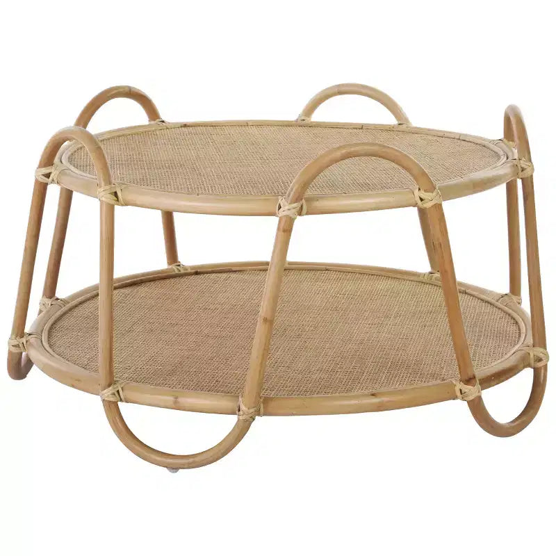 Tavolino da Caffè Rotondo in Rattan – Finitura Naturale Beige Marrone Miele, Nessun Montaggio Richiesto