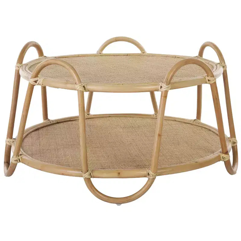 Tavolino da Caffè Rotondo in Rattan – Finitura Naturale Beige Marrone Miele, Nessun Montaggio Richiesto